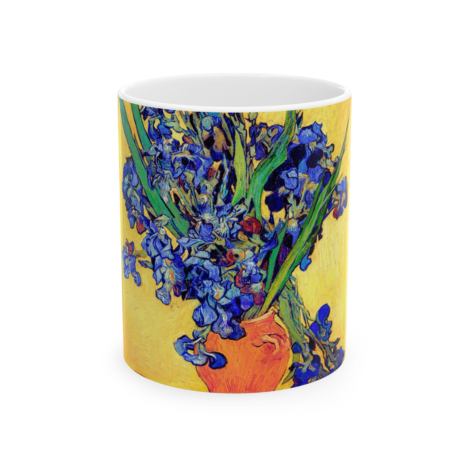 Vase with Irises Against a Yellow Background Mug – Vincent van Gogh