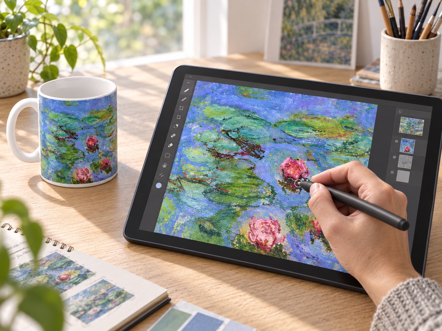 Illustrative scene of a hand using a stylus on a tablet displaying Monet water lilies, beside a matching art mug