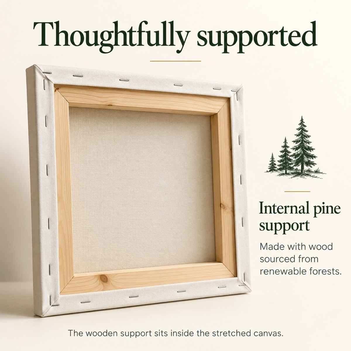 Back of a stretched canvas illustrating its internal pine support made with wood sourced from renewable forests.