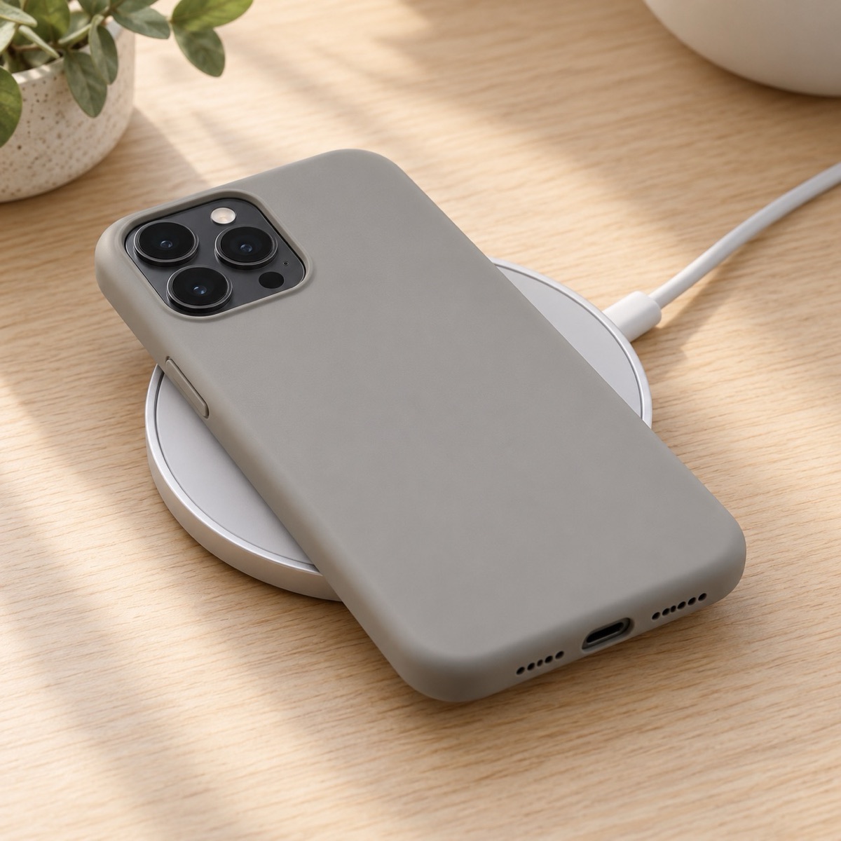 Plain phone case resting on a wireless charging pad; illustrative view