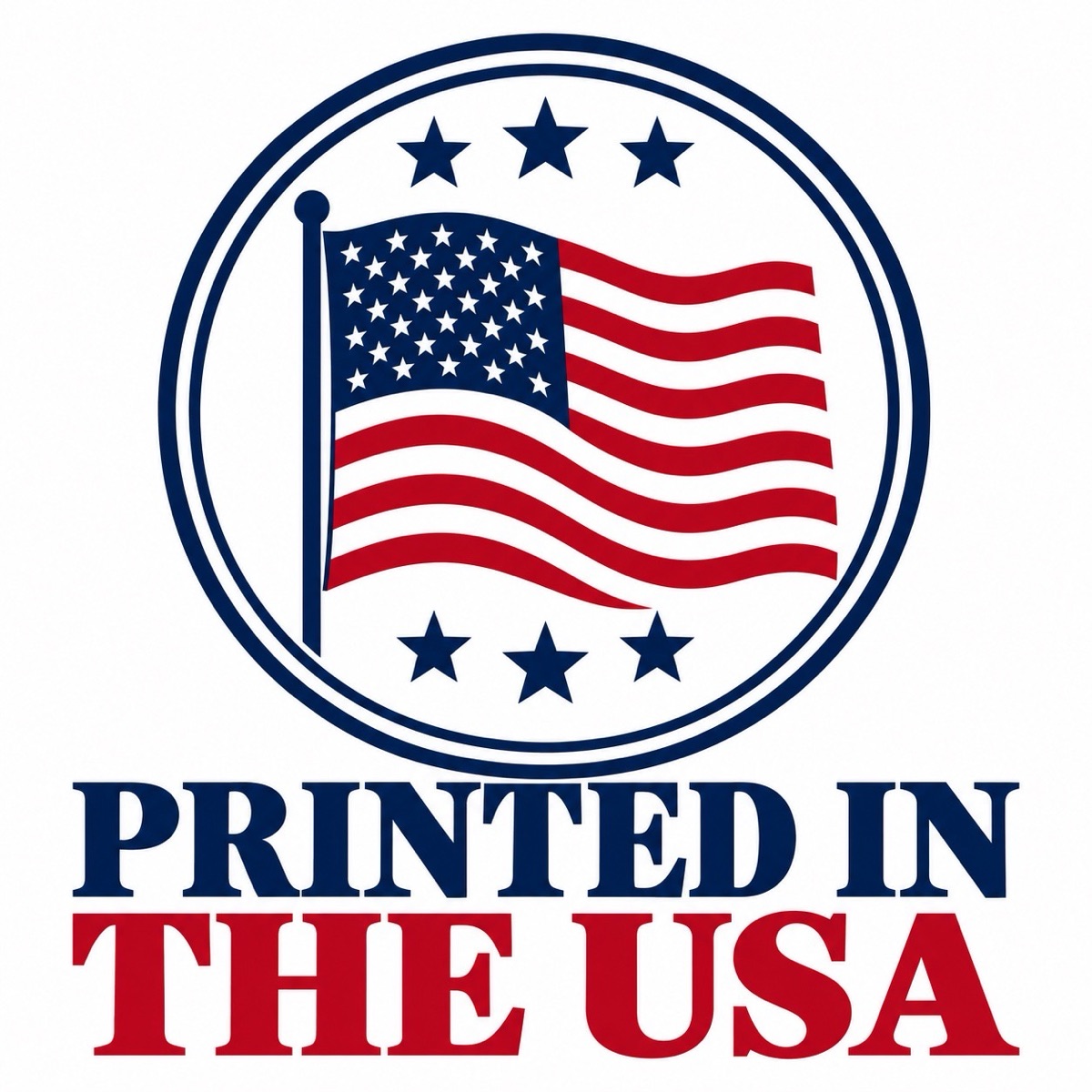 Printed in the USA emblem with red and navy flag illustration