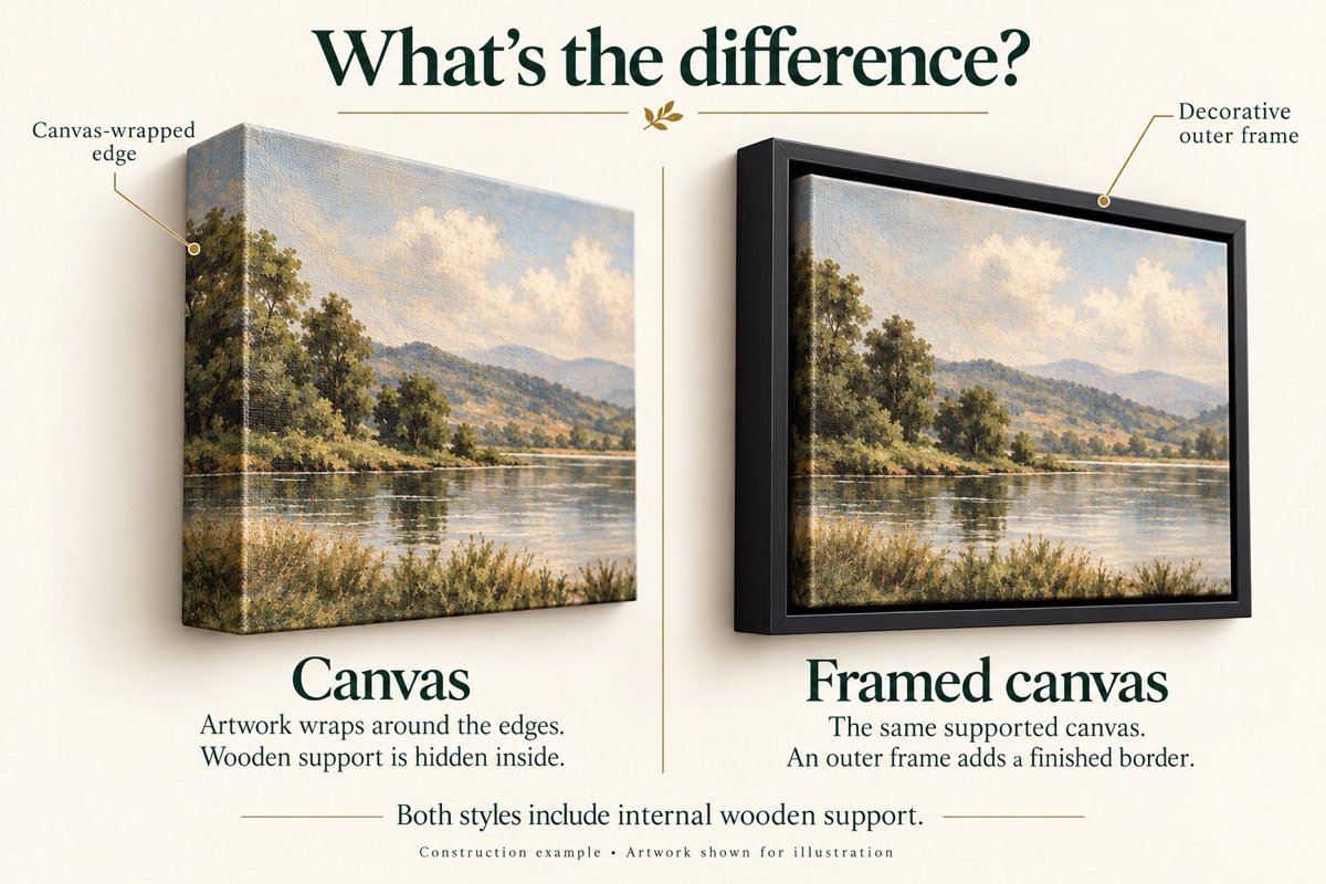 Comparison of the wrapped canvas edge and the added decorative outer frame.