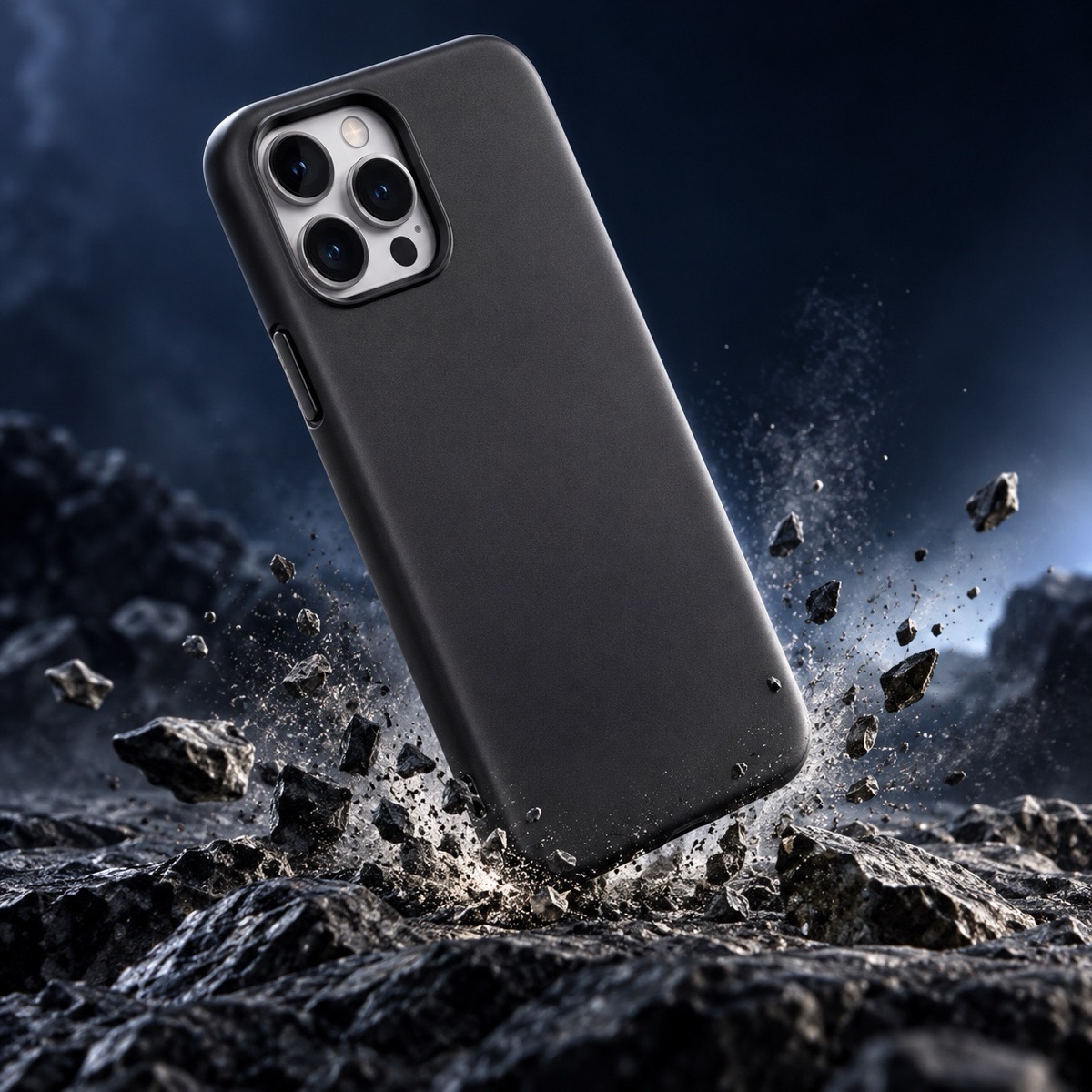 Plain tough phone case in a dramatic conceptual impact illustration