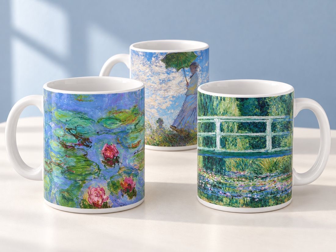 Monet collection concept featuring Water Lilies, Japanese Bridge and Woman with a Parasol mugs