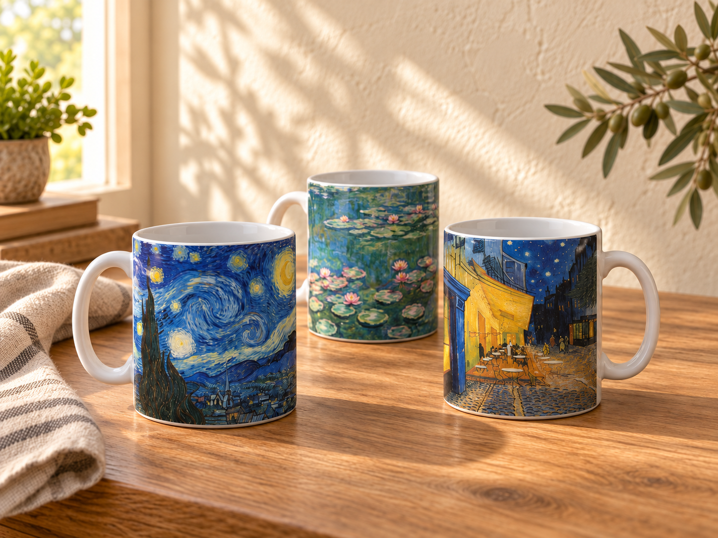 Three classic painting mugs featuring Starry Night, Water Lilies and Café Terrace at Night