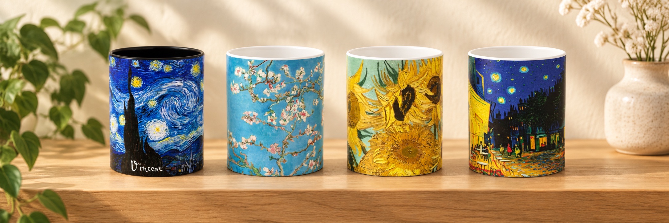Starry Night with Vincent’s printed signature, Almond Blossom, Sunflowers, and Café Terrace at Night mugs on a wooden shelf