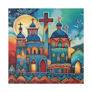 Abstract Vibrant Church Painting Print, Painting of Church Wall Art Decor Church Stretched Canvas Gift Original Modern Christian Artwork