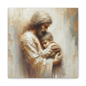 Child Safe in His Arms | Jesus Embracing Boy | Bible Wall Art Christian Art | Gods Love Painting Religious Decor, Small Large Living Room