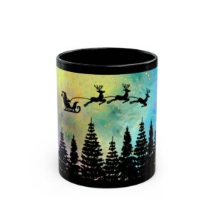 Christmas Silhouette Santa Sleigh Mug | Reindeer Flying in Sky | 11 Oz Ceramic Mug for Kids & Adults | Novelty Mug Cup