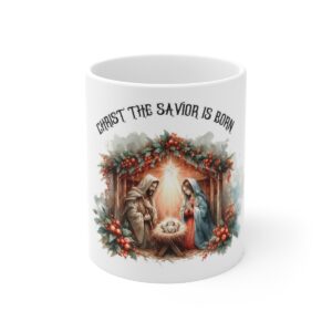 Nativity Coffee Mug Christ the Savior is Born Mug, USA Handmade Ceramic , Original Artwork Painting, Gift For Her, Botanical, Floral Nature