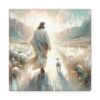 Serene Shepherd Canvas Art | Jesus Lamp Print | Ethereal Light & Tranquil Sheep in Biblical Scene | Spiritual Elegance Harmony Christian