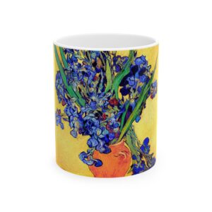 Van Gogh Mug |  Irises Coffee Mug, Vase with Irises Art Cup, Yellow Background, Fine Art Gift,