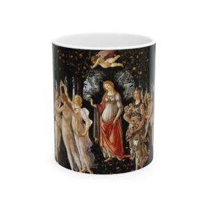 Primavera Coffee Mug, Sandro Botticelli Art Cup, Mythological Spring Design, Featuring Venus, Flora, and the Three Graces in Fine Detail